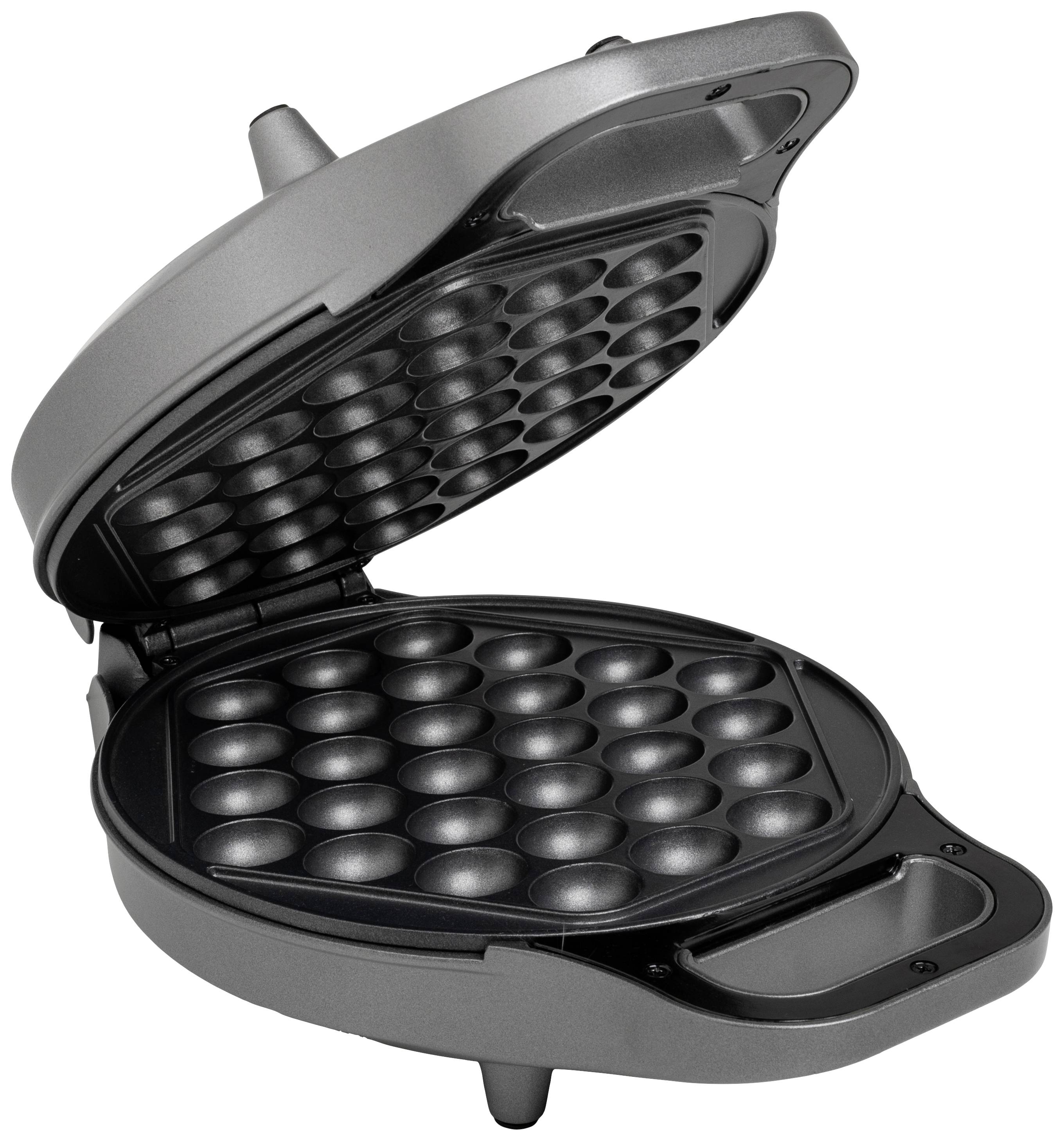 Geopend wafelijzer met meerdere bolletjesvormige holtes, geschikt voor het bereiden van balwafels.