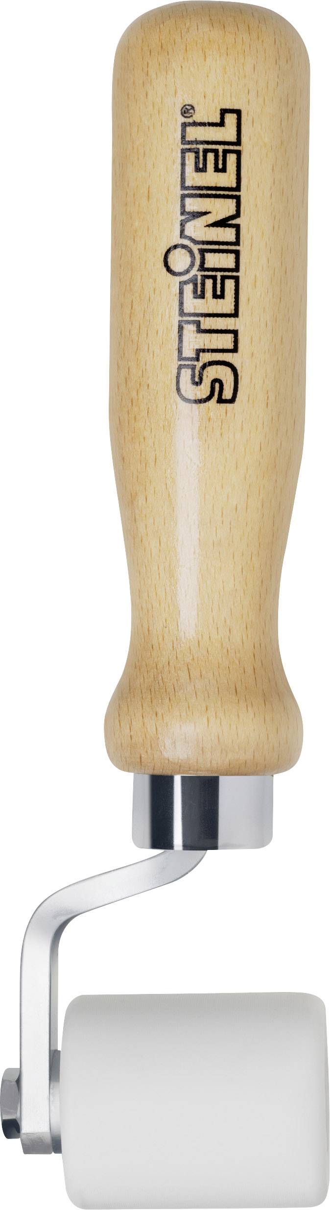 Handrol met houten handgreep en witte rol, geschikt voor gelijkmatige druk op oppervlakken. Merknaam 'Steinel' is op de handgreep gedrukt.