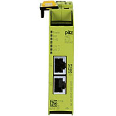 Geel veiligheidsrelais met twee Ethernet-aansluitingen en LED-indicatoren, gebruikt voor bewaking en besturing van machines.