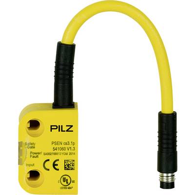 Gele PILZ PSEN cs3.1p veiligheidssensor met aangesloten zwarte kabel, afgebeeld op een witte achtergrond.