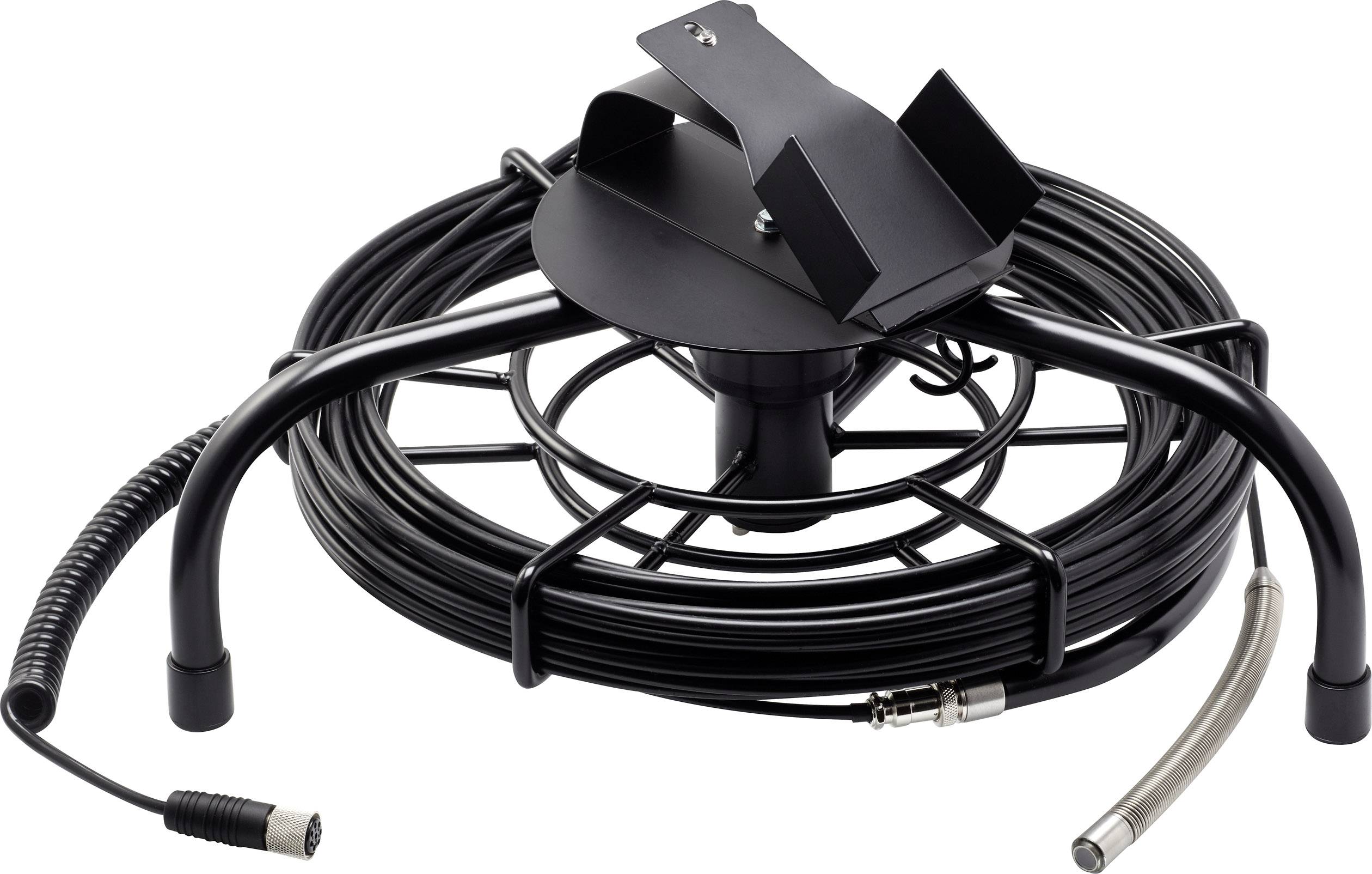 Een kabeloprolstandaard met zwart kabel en metalen standaard. Aan het uiteinde van het kabel bevinden zich een stekker en een cilindervormige sensor.