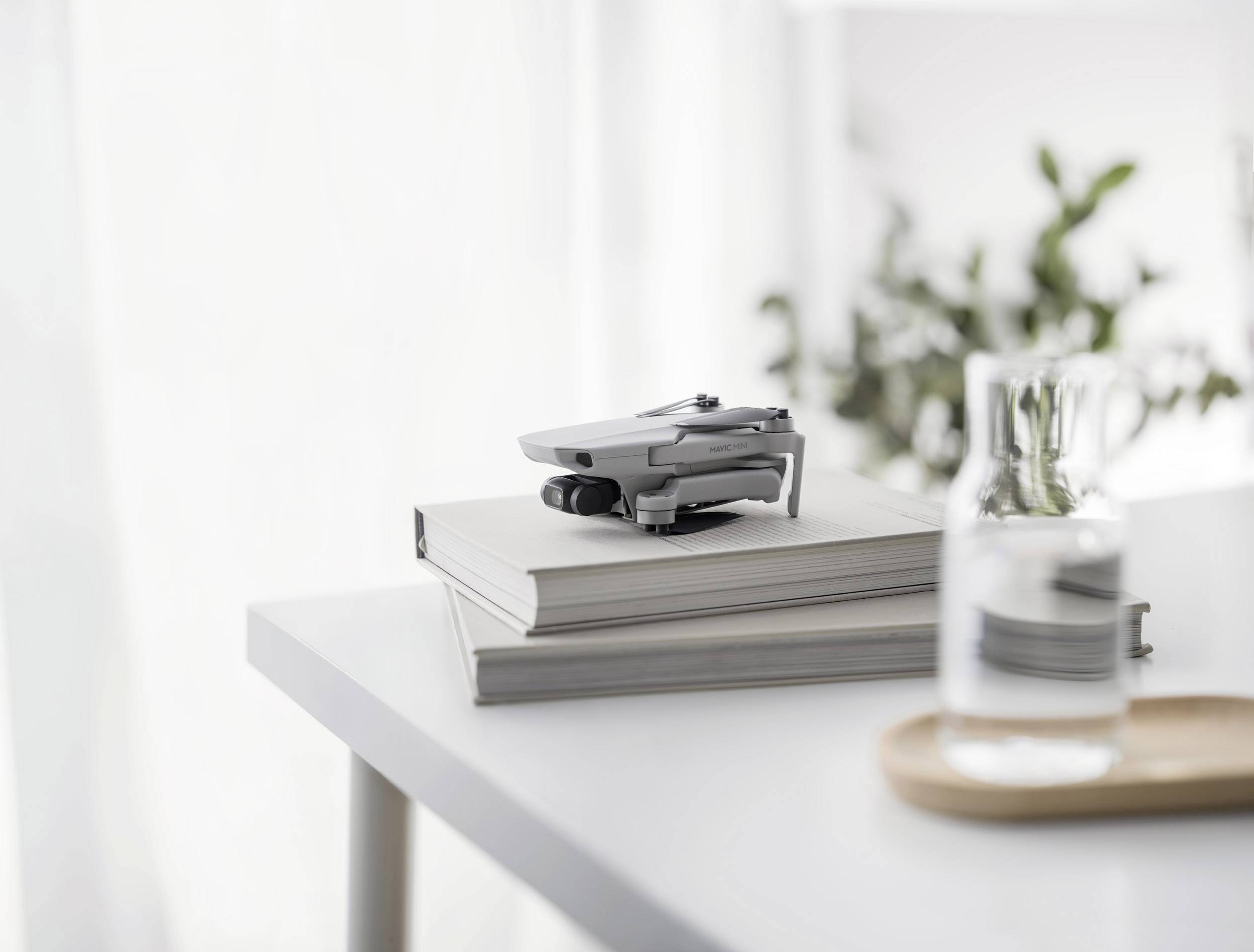 Drone op twee boeken op een tafel, met planten op de achtergrond en een glazen fles op een dienblad, in een lichte, minimalistische omgeving.