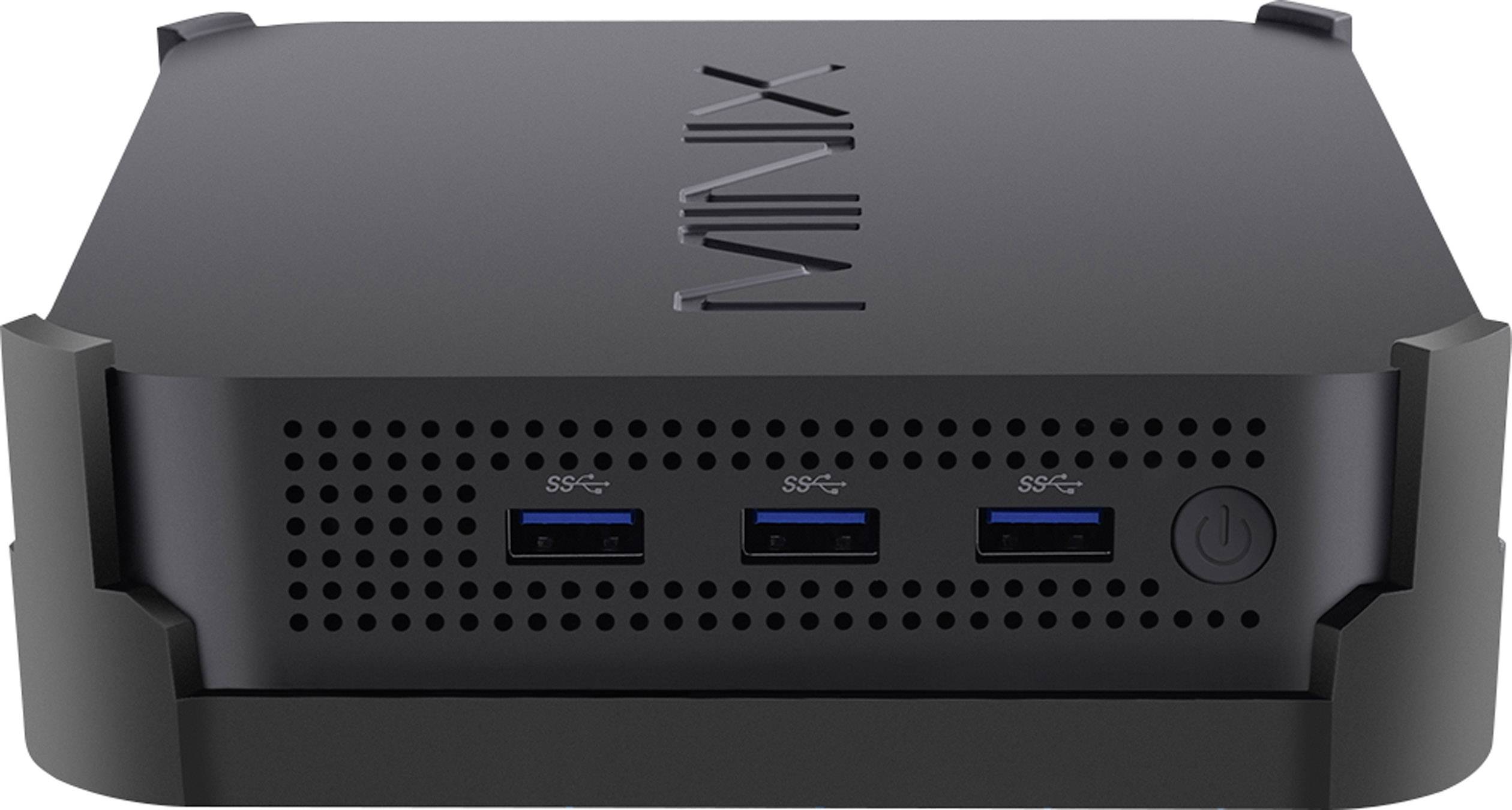 Zwarte mini-pc met drie USB-poorten en een aan/uit-schakelaar aan de voorkant, productnaam bovenaan zichtbaar.