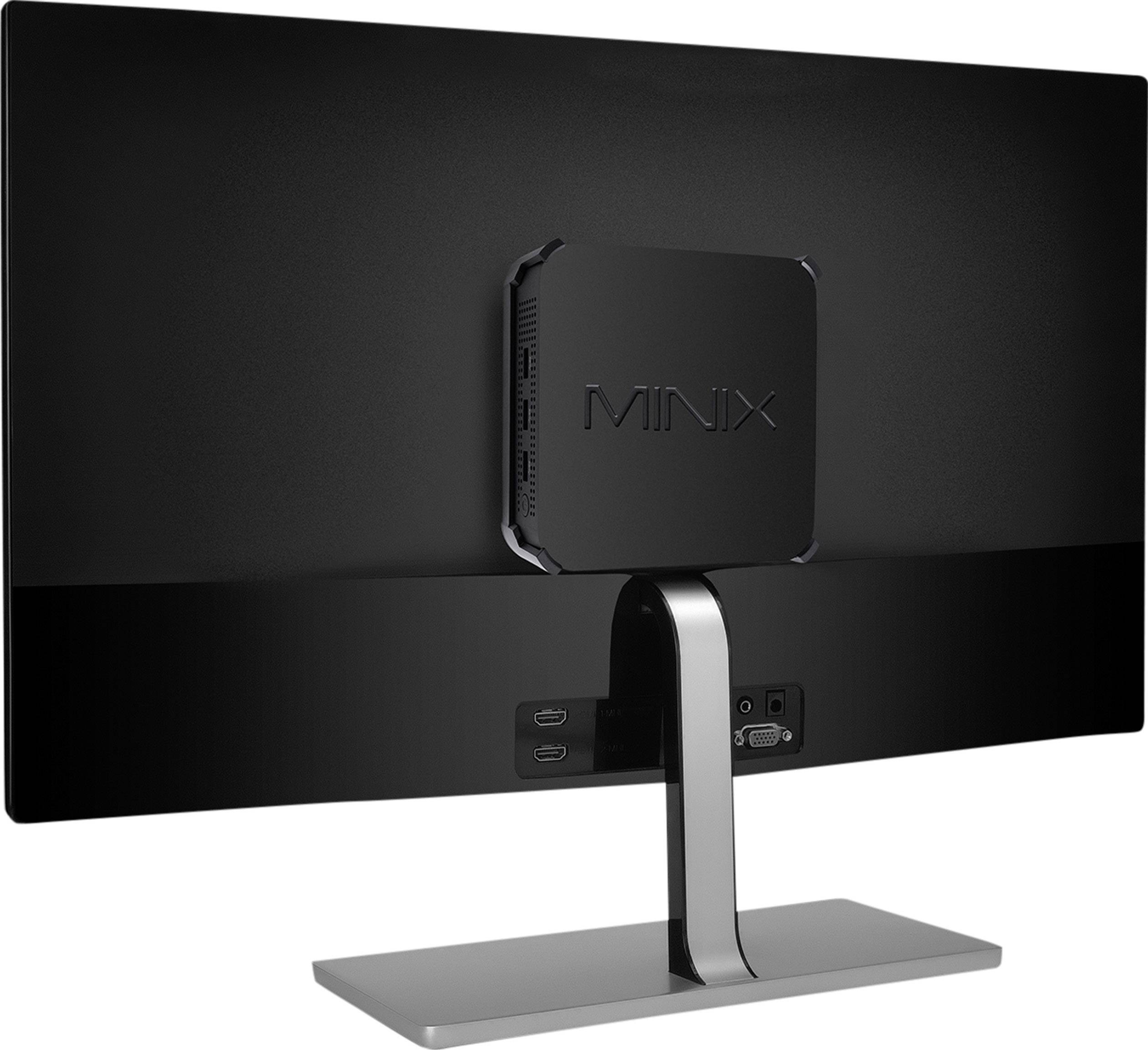 Een zwart flatscreen met een klein, vierkant apparaat aan de achterkant bevestigd. Op het apparaat staat de tekst 'MINIX'.