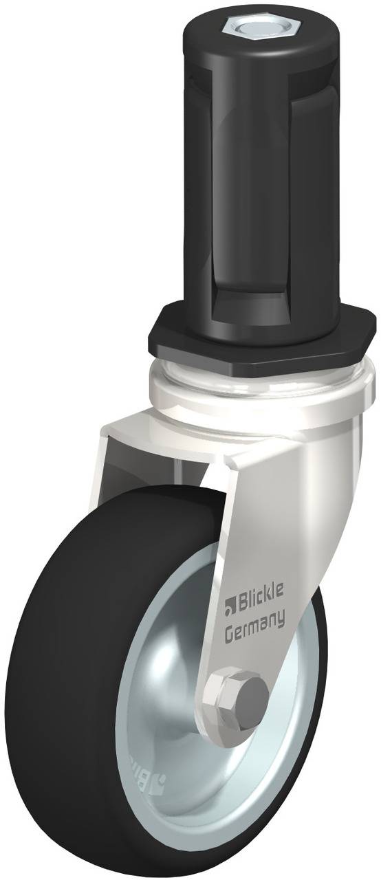 Industriële zwenkwiel met zwart wiel en metalen behuizing, geschikt voor machines of meubilair; merknaam 'GmbH' zichtbaar.
