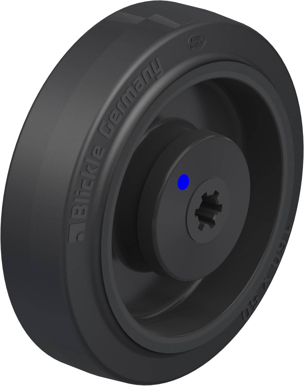 Donker wiel met de inscriptie 'Blickle Germany', met een centraal blauw punt op de as. Mechanisch onderdeel, waarschijnlijk bedoeld voor mobiliteit.