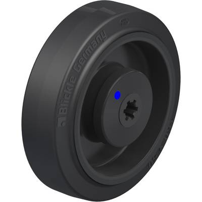 Donker wiel met de inscriptie 'Blickle Germany', met een centraal blauw punt op de as. Mechanisch onderdeel, waarschijnlijk bedoeld voor mobiliteit.