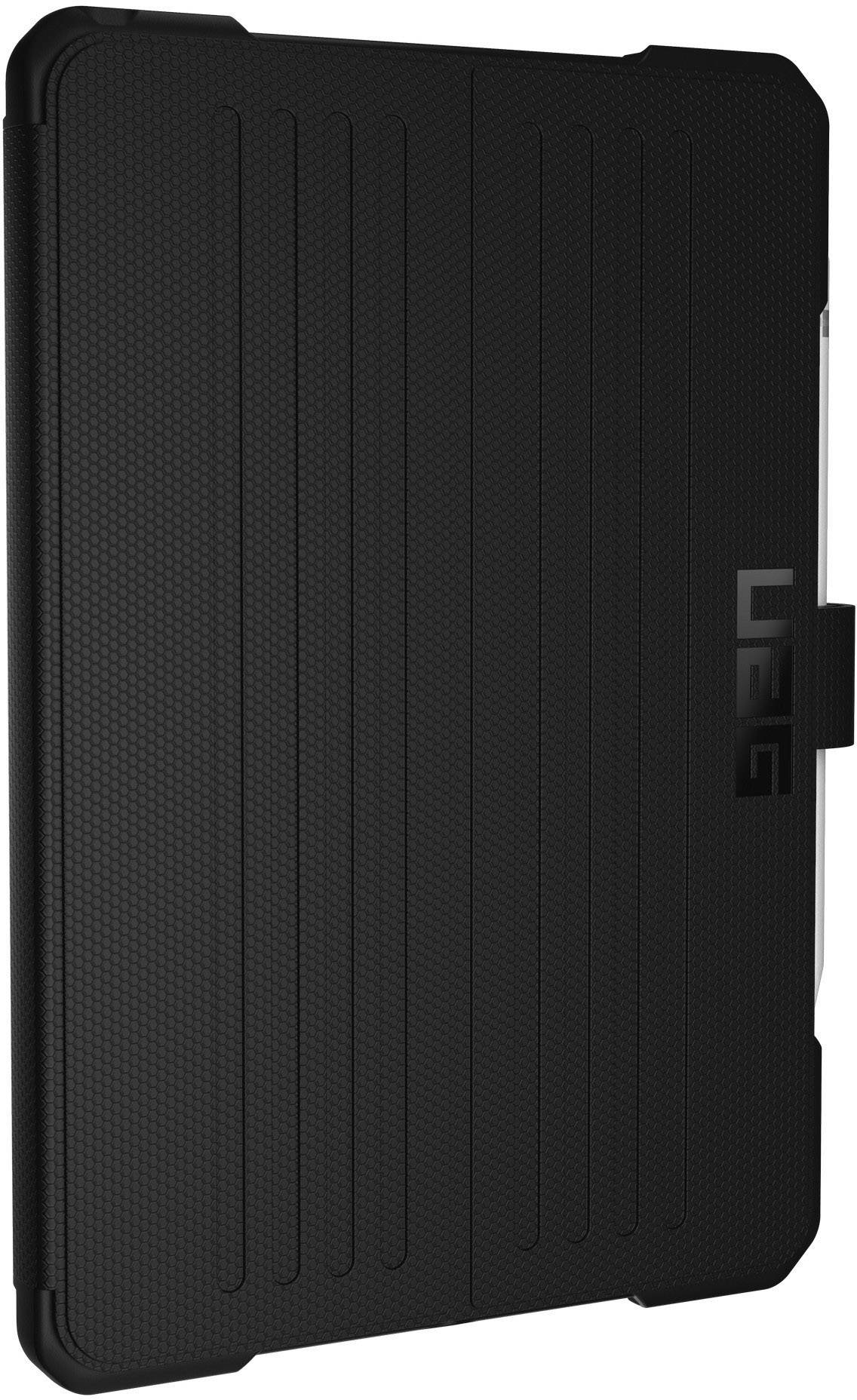 Zwart tablet-beschermhoesje met gestructureerd design en zijdelingse houder.