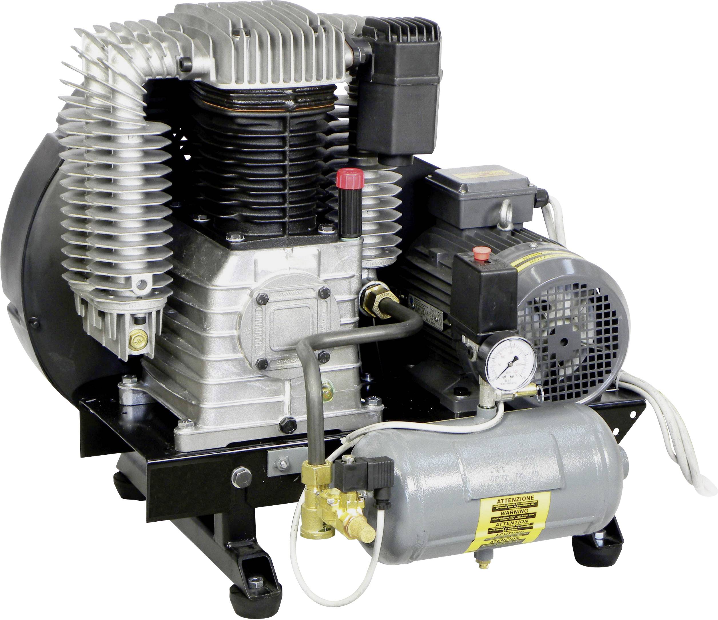 Luchtcompressor met metalen behuizing, cilinder, drukregelaar en manometer, geschikt voor industriële toepassingen.