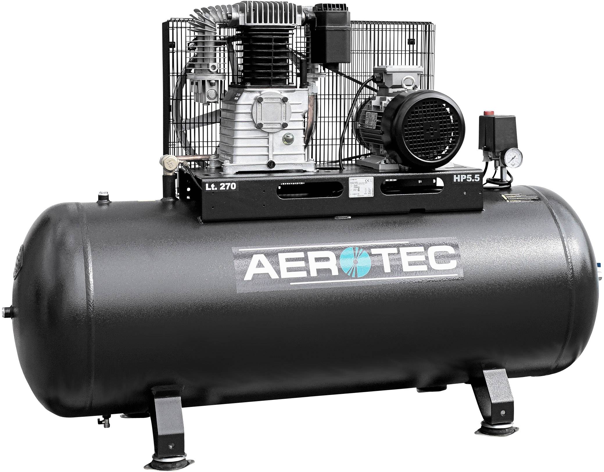 Zwarte compressor met 'Aero Tec'-logo op de tank, metalen behuizing bovenaan met motor- en pompachtige componenten.