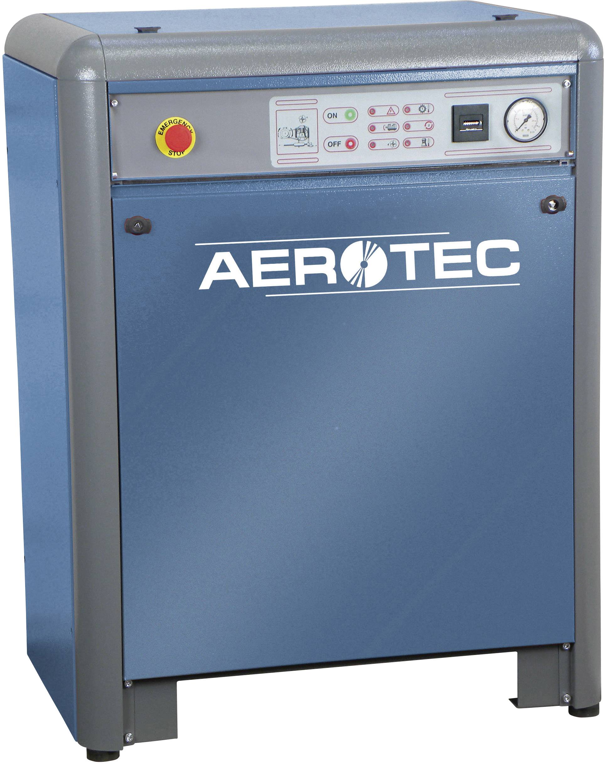 Een blauwe industriële compressor met het opschrift 'AEROTEC', een drukmeter, bedieningselementen en een noodstopknop.