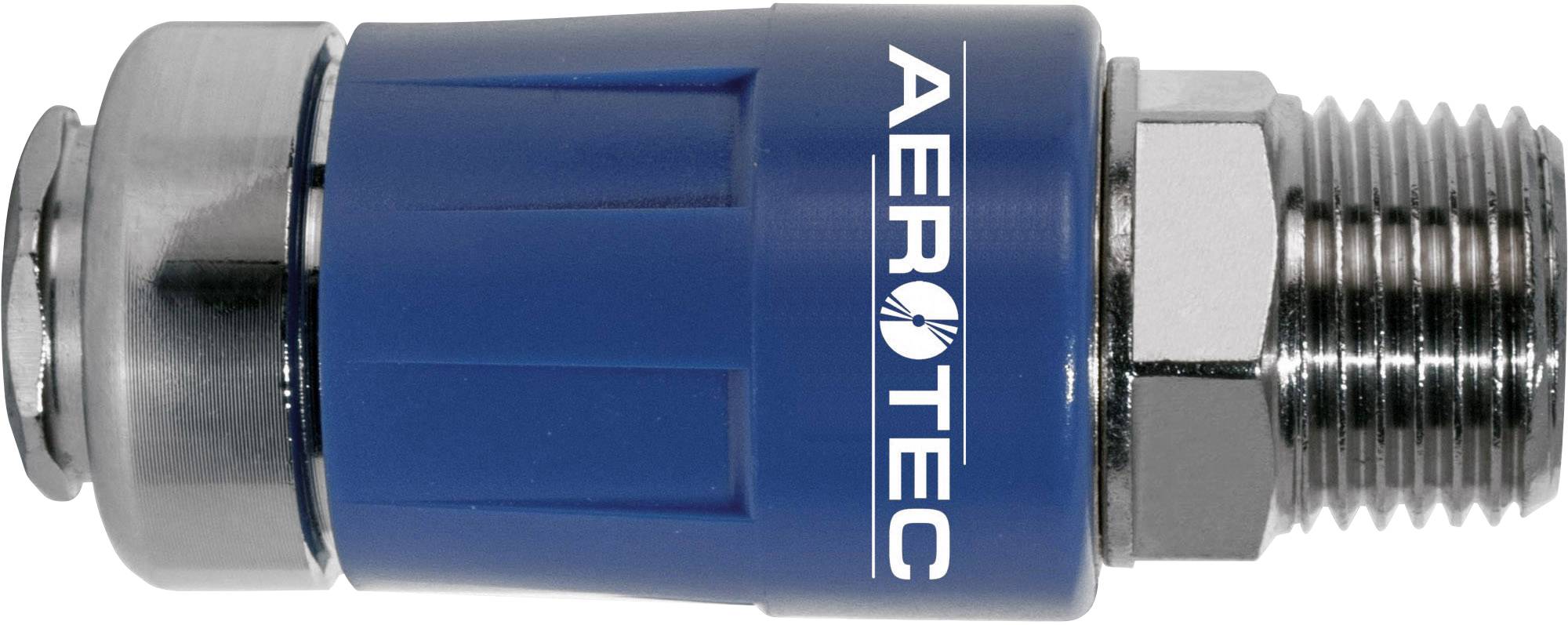 Een blauwe snelkoppelingstekker van het merk Aerotec van metaal, met geribbeld oppervlak voor een stevige grip.