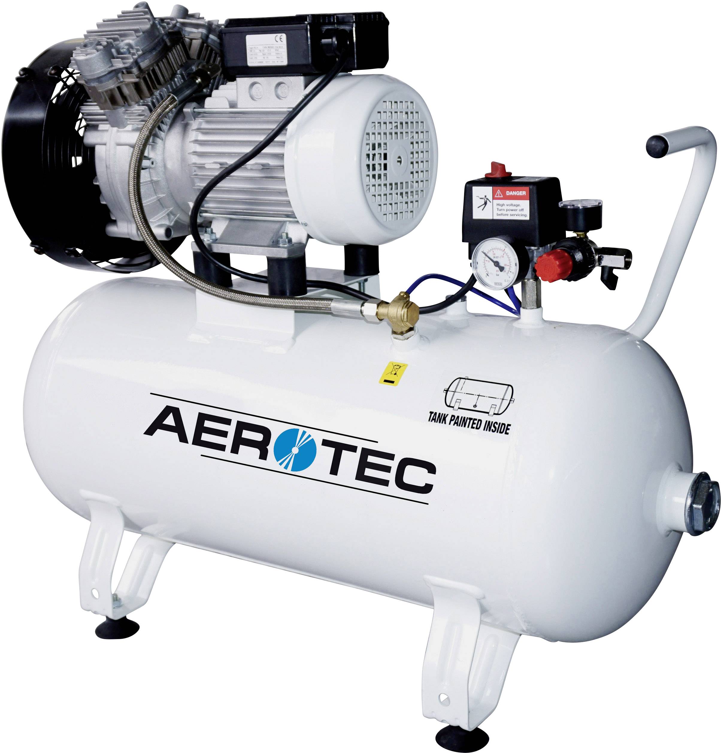 Een witte luchtkompressor met een AEROTEC-logo. Bevat een manometer voor drukaanduiding en een reservoir voor luchtopslag.