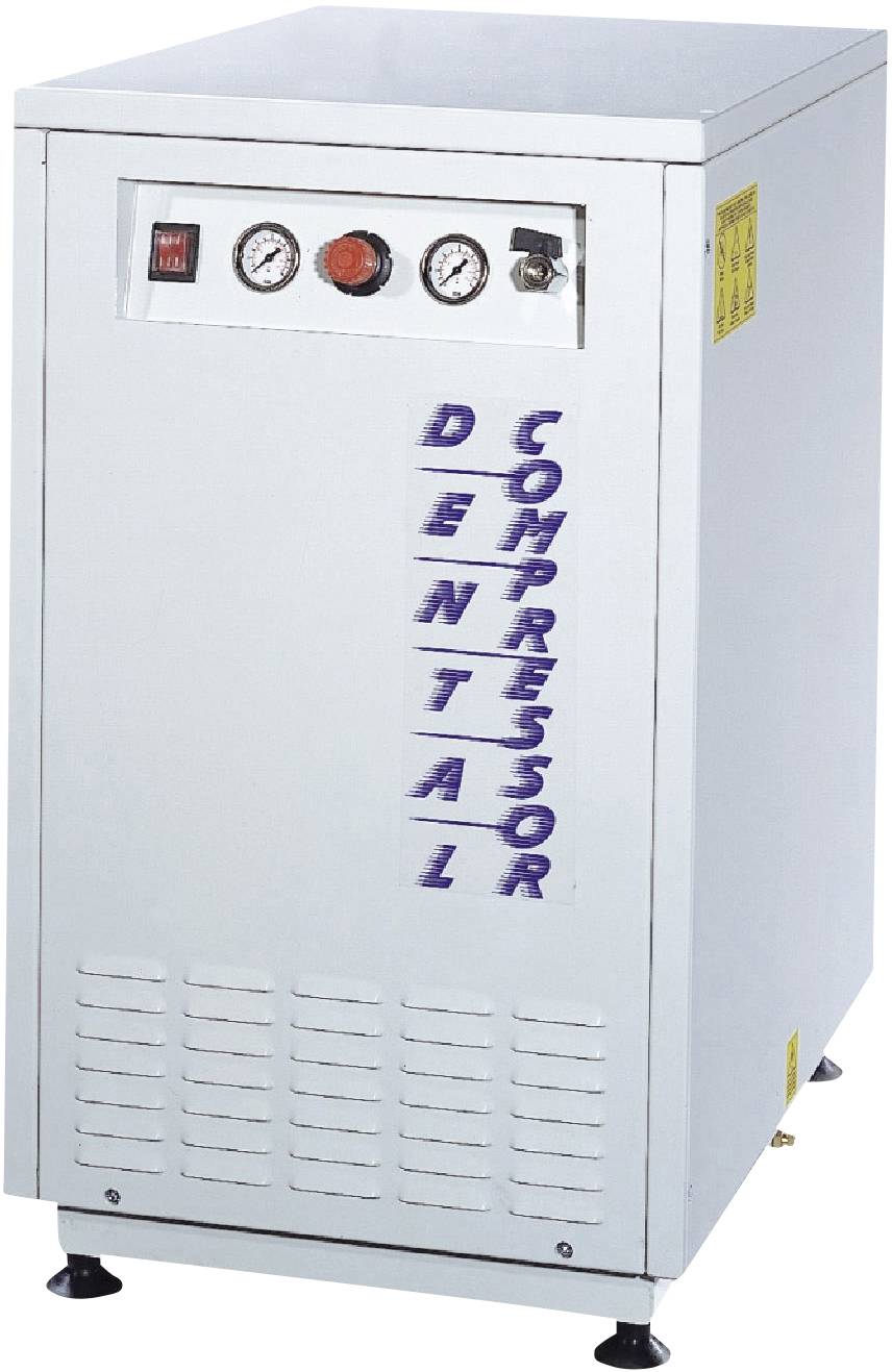 Een witte tandcompressor met twee drukmeteraanwijzingen en een rode schakelaar aan de voorkant.