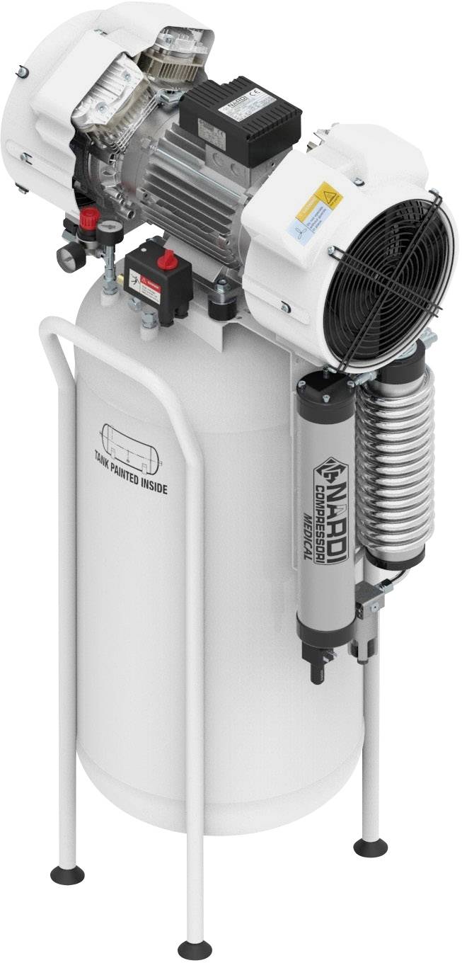 'Witte luchtcompressor van AirCAD met meerdere componenten, waaronder drukregelaar, manometer en cilinder, staand op stabiele poten in industrieel design.'