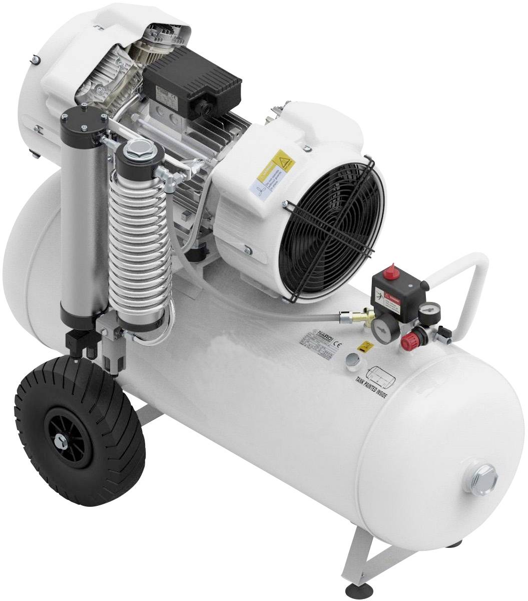 Een witte luchtcompressor met twee zwarte wielen en een grote rechthoekige motor bovenop, geschikt voor industriële toepassingen.