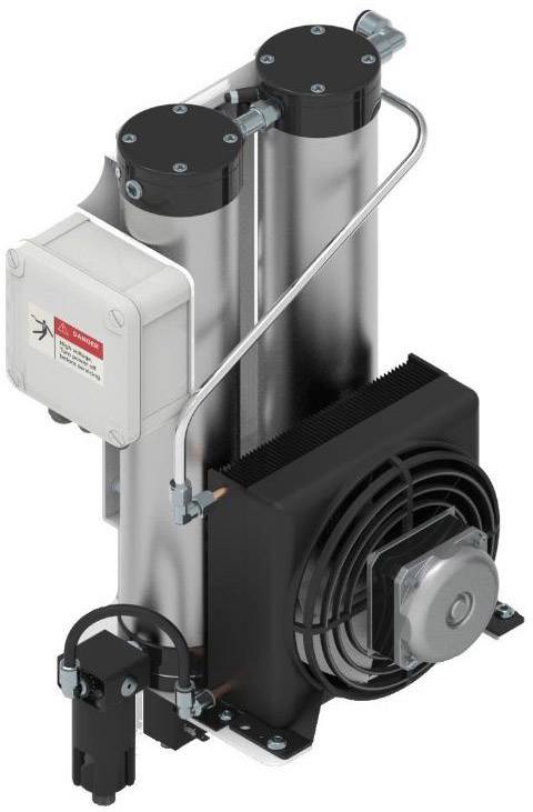 Industriecompressor met twee cilinders, koelribben en ventilator. Geschikt voor toepassingen die perslucht vereisen.