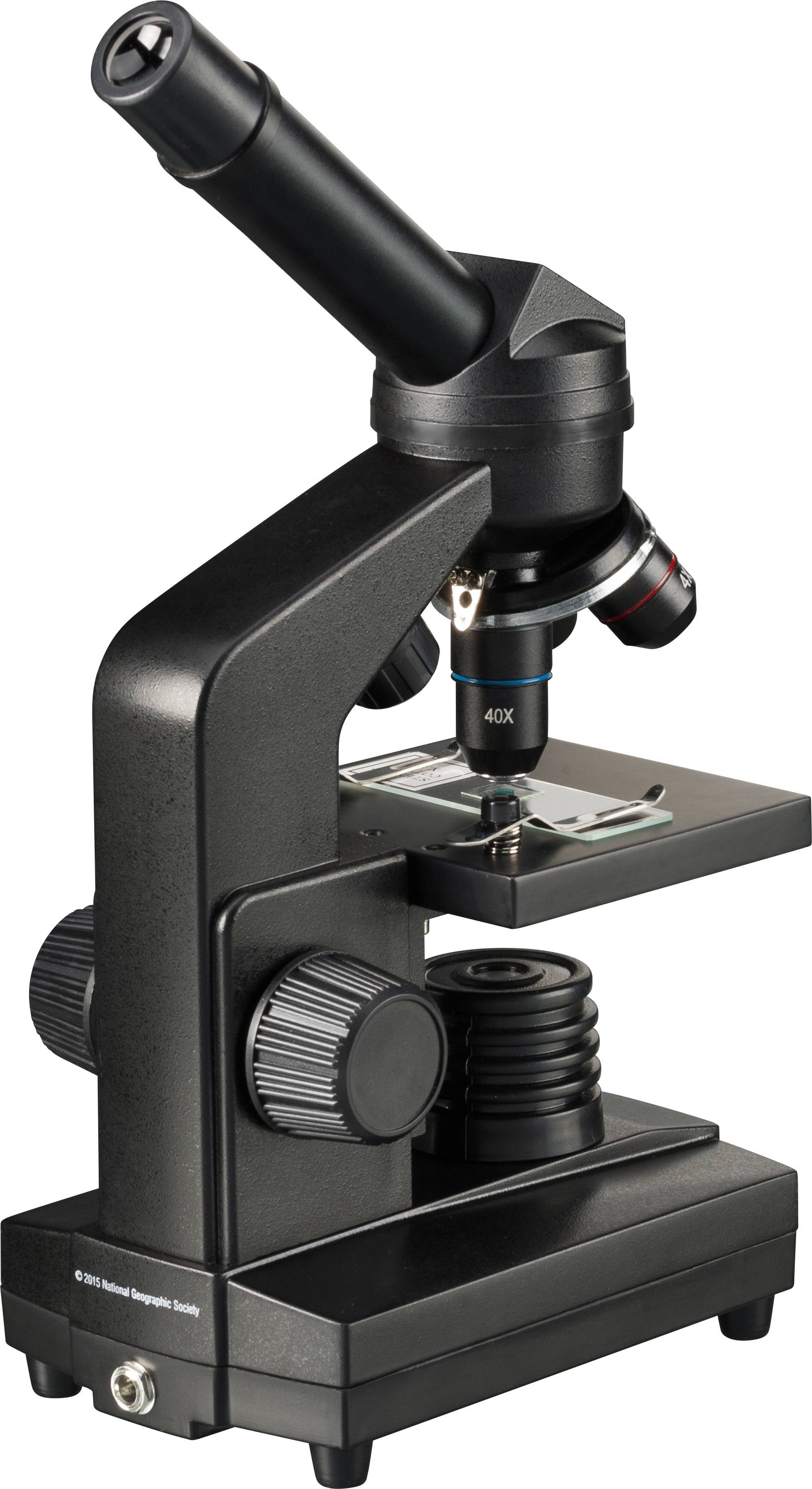 Een zwart microscoop met een oculair, objectievenrevolver en een objectglaasje op tafel. Geschikt voor wetenschappelijk onderzoek.