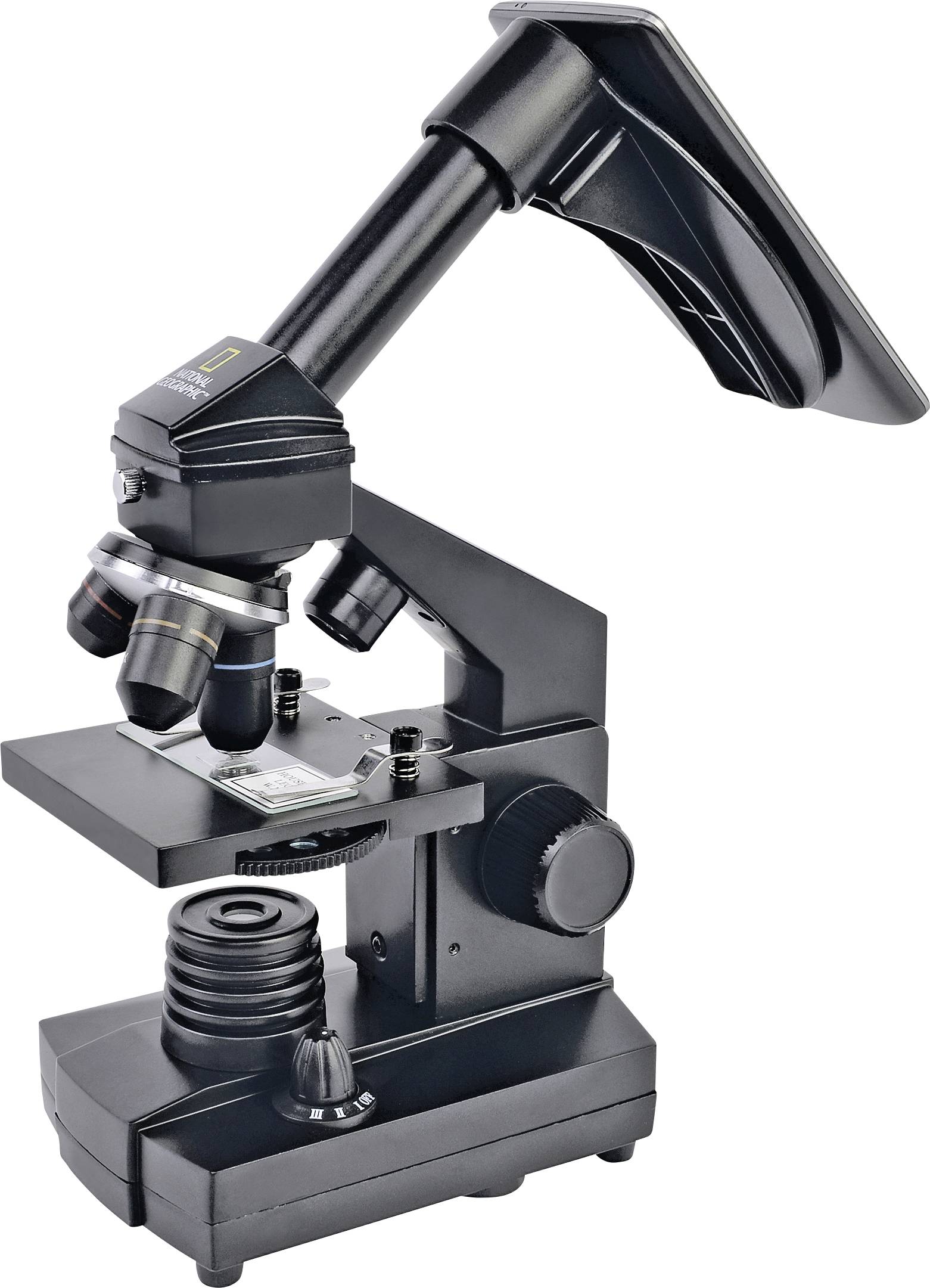 Een zwarte microscoop met vergrotingsobjectieven en een verstelbare kijkkop. Geschikt voor wetenschappelijk onderzoek.