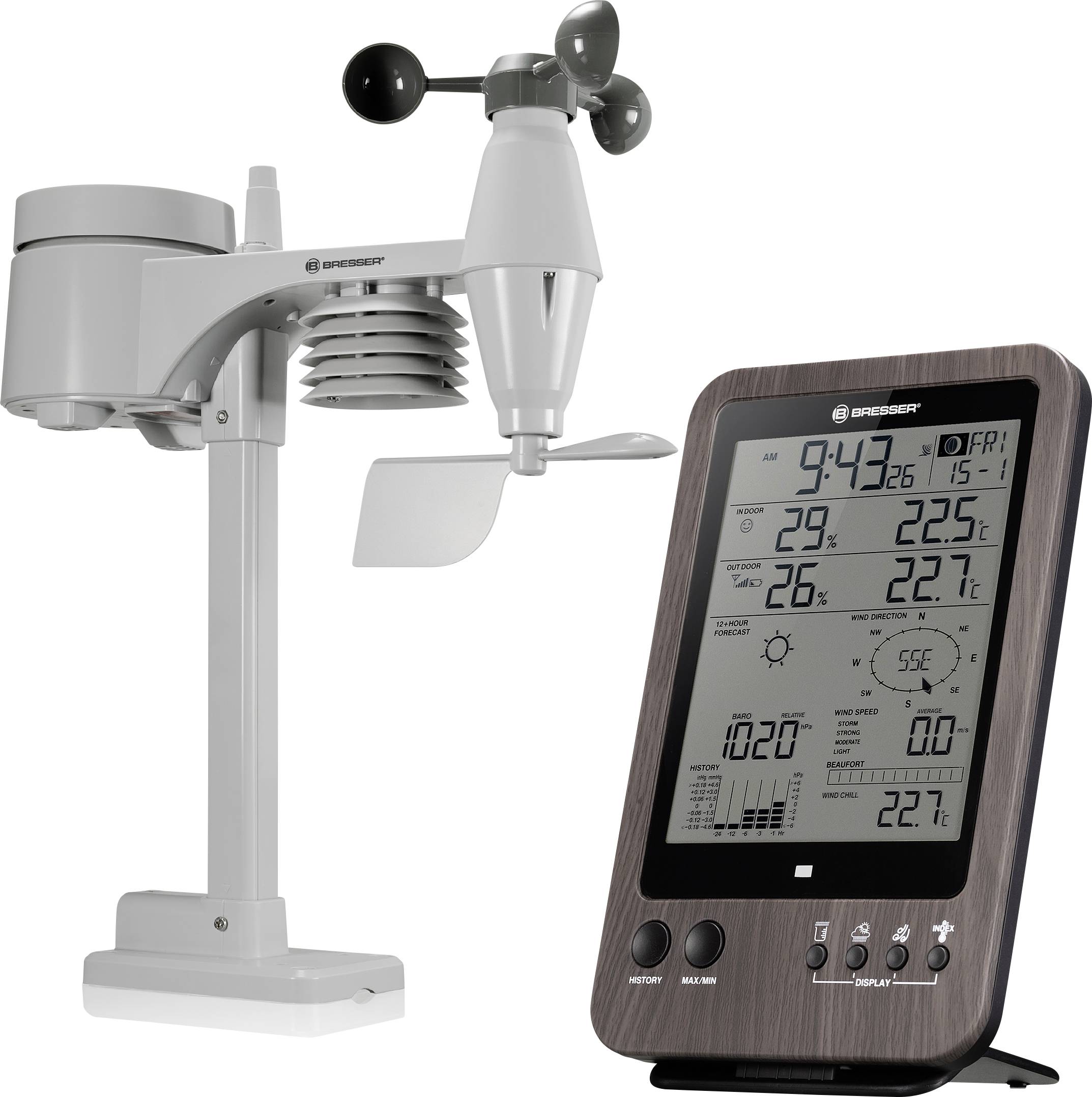 Weerstation met sensoren, toont temperatuur, luchtvochtigheid, windsnelheid en weersverwachting op digitaal display.