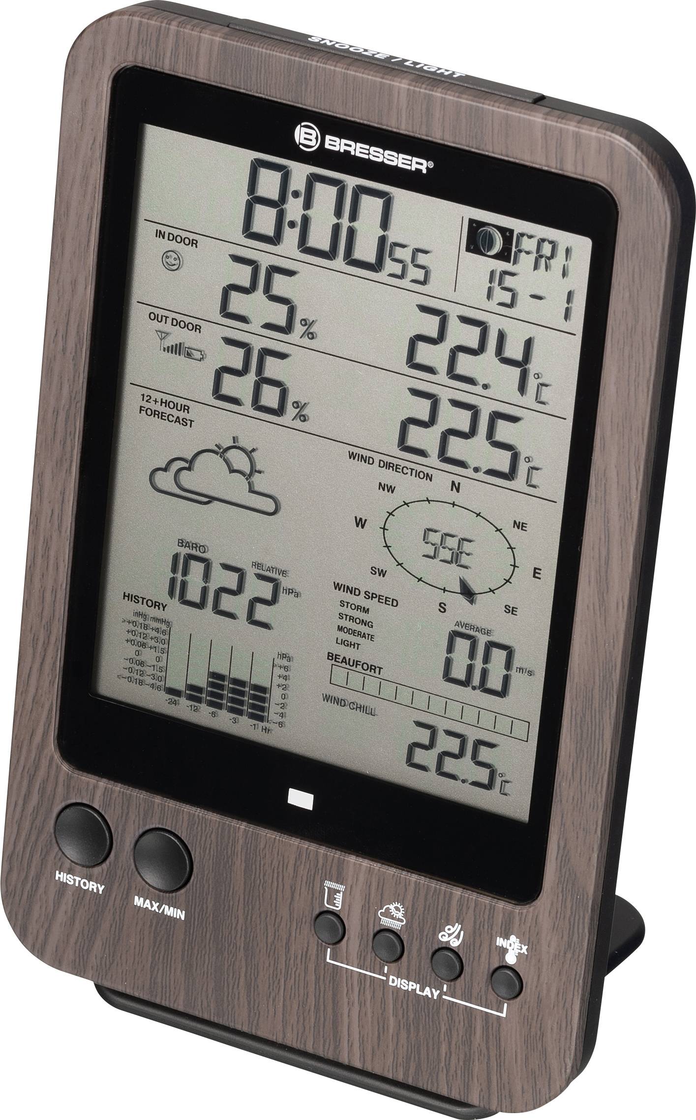 Digitaal weerstation toont tijd (8:00 uur), datum (vrijdag, 15-1), binnen- en buitentemperaturen (22,4 °C, 22,5 °C) en weersvoorspelling.