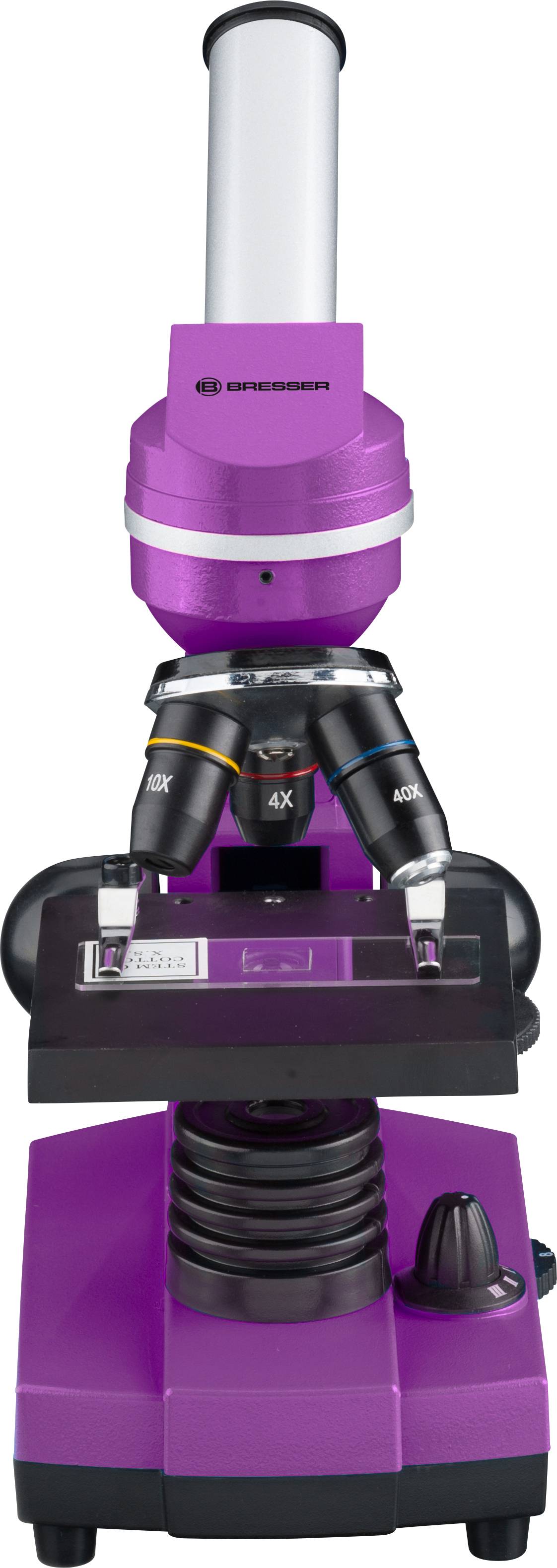 Paarse microscoop met oculair, objectiefrevolver en objectieflenzen, geschikt voor wetenschappelijk onderzoek.