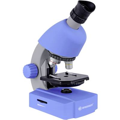Blauw microscoop met twee oculairen en een objectieflens, gemonteerd op een stabiele voet. Geschikt voor gebruik in scholen of laboratoria.
