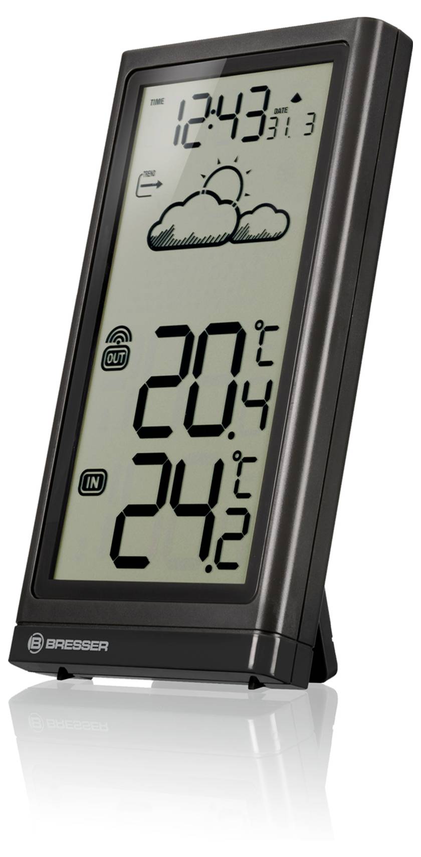 Digitaal weerstation dat de tijd '12:43' weergeeft, binnentemperatuur 24,2°C en buitentemperatuur 20,4°C met wolkenpictogram.