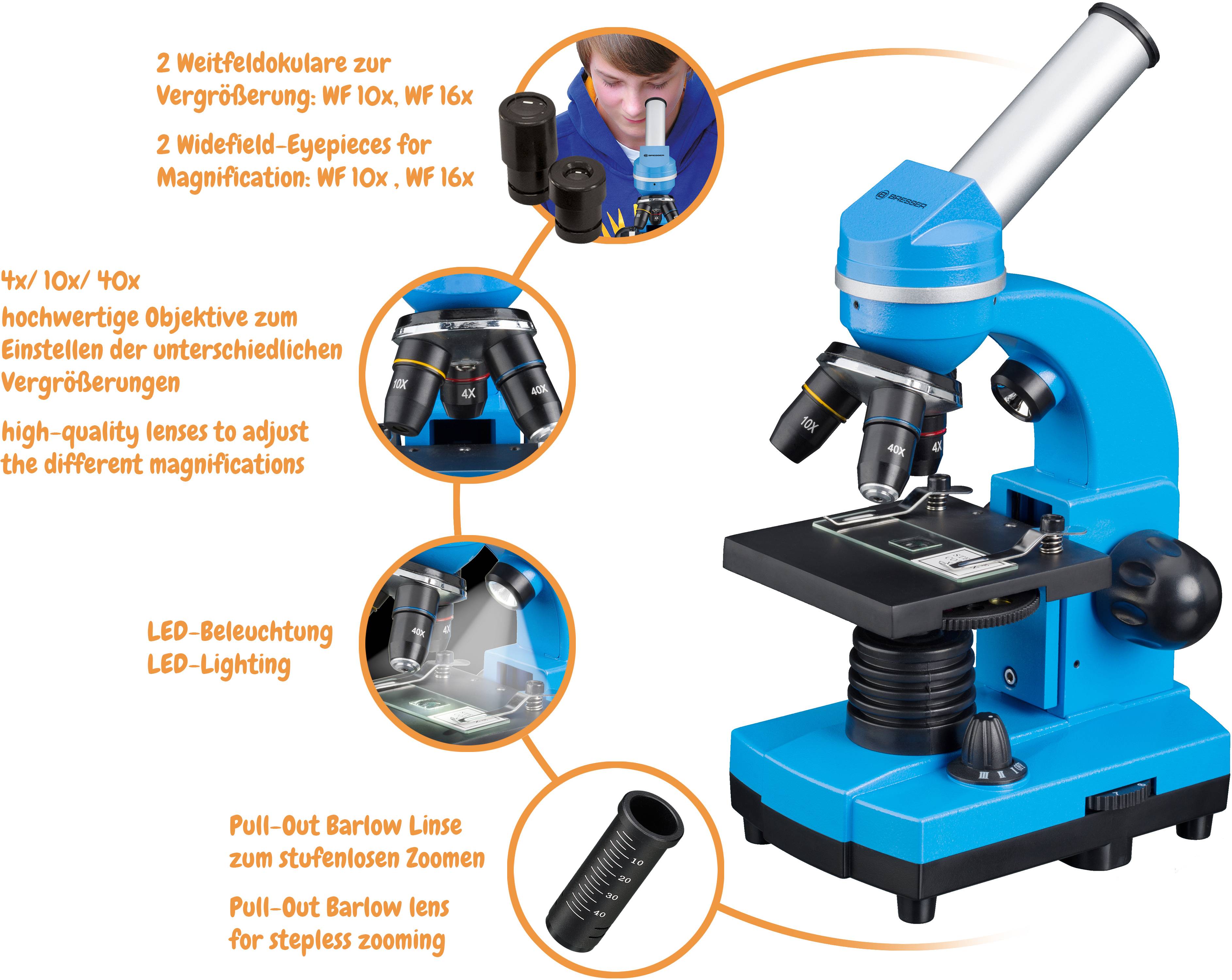 Een blauw microscoop met LED-verlichting en verwisselbare objectieven voor vergrotingen van 4x tot 40x. Bevat Barlow-lens.