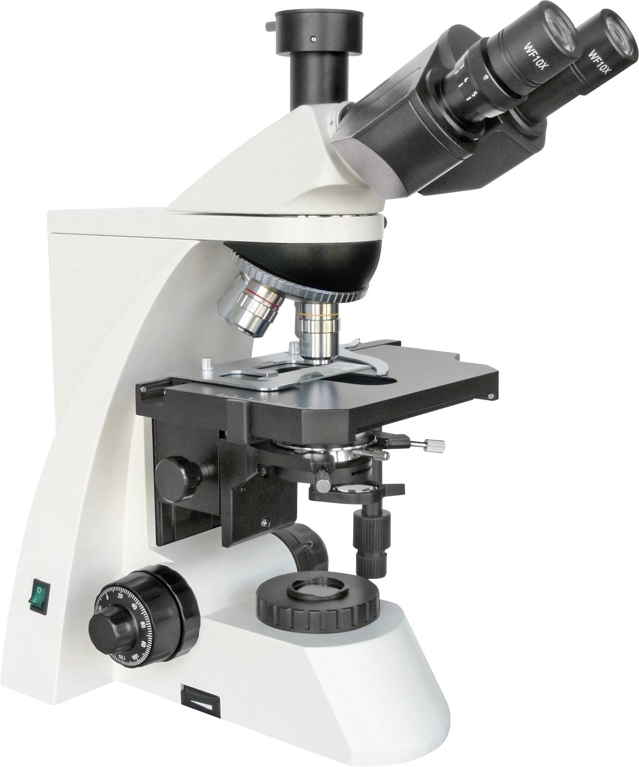 Een microscoop met twee oculairs en meerdere objectieflenzen. Het wordt vaak in de wetenschap gebruikt voor analyse van monsters.