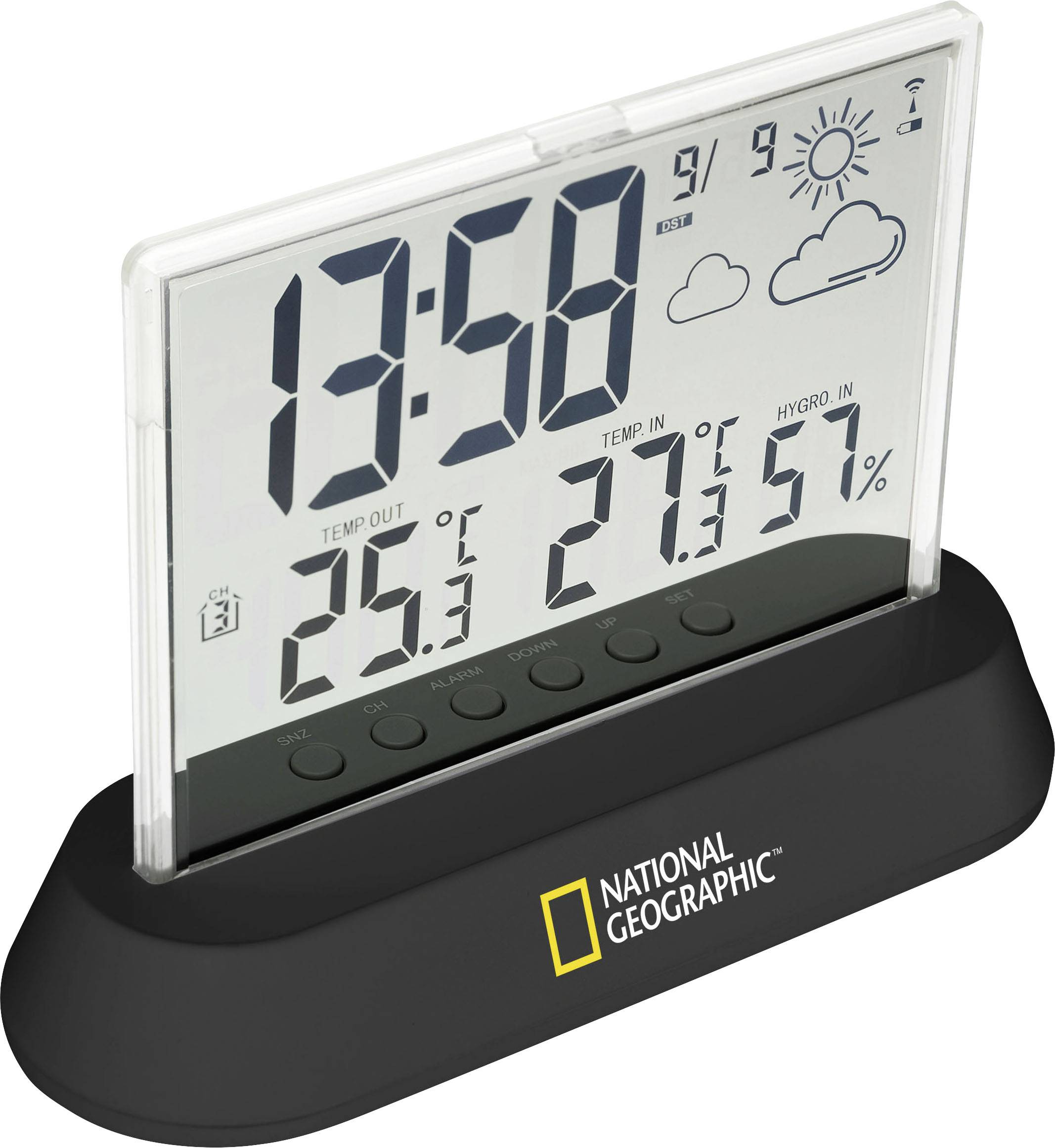 Digitale thermometer en hygrometer van National Geographic toont tijd 13:58, temperatuur 25,6°C, luchtvochtigheid 37%.