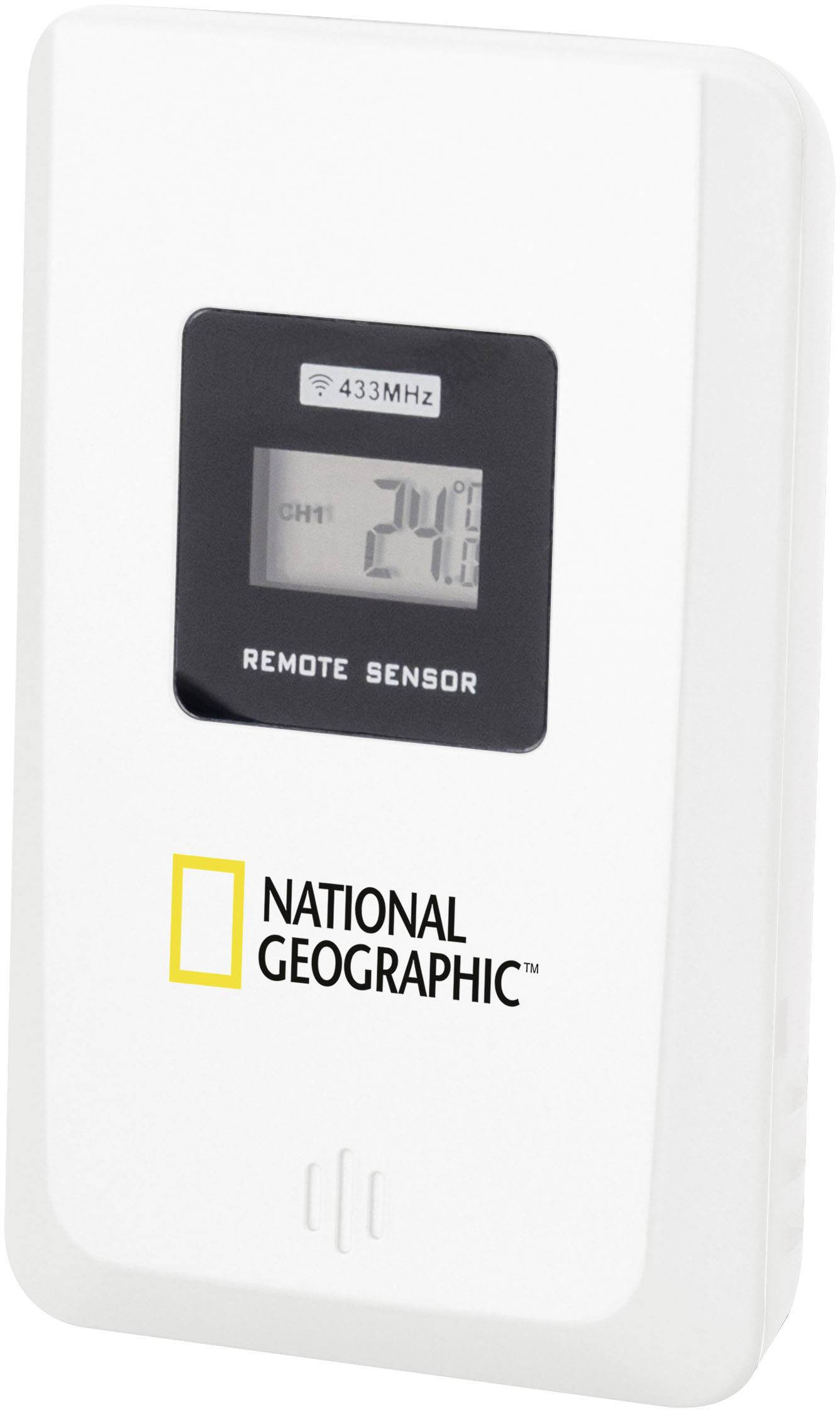 Een witte temperatuursensor van 'National Geographic' toont op het display 24,1 graden Celsius. Bovenaan staat 'Remote Sensor 433MHz'.