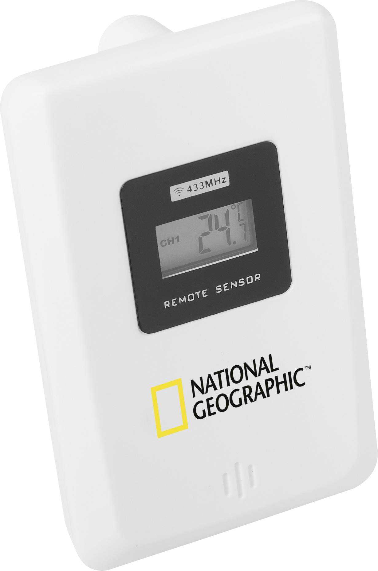 Witte afstandssensor van National Geographic met digitale weergave, toont '24°C', zendt uit op 433 MHz.