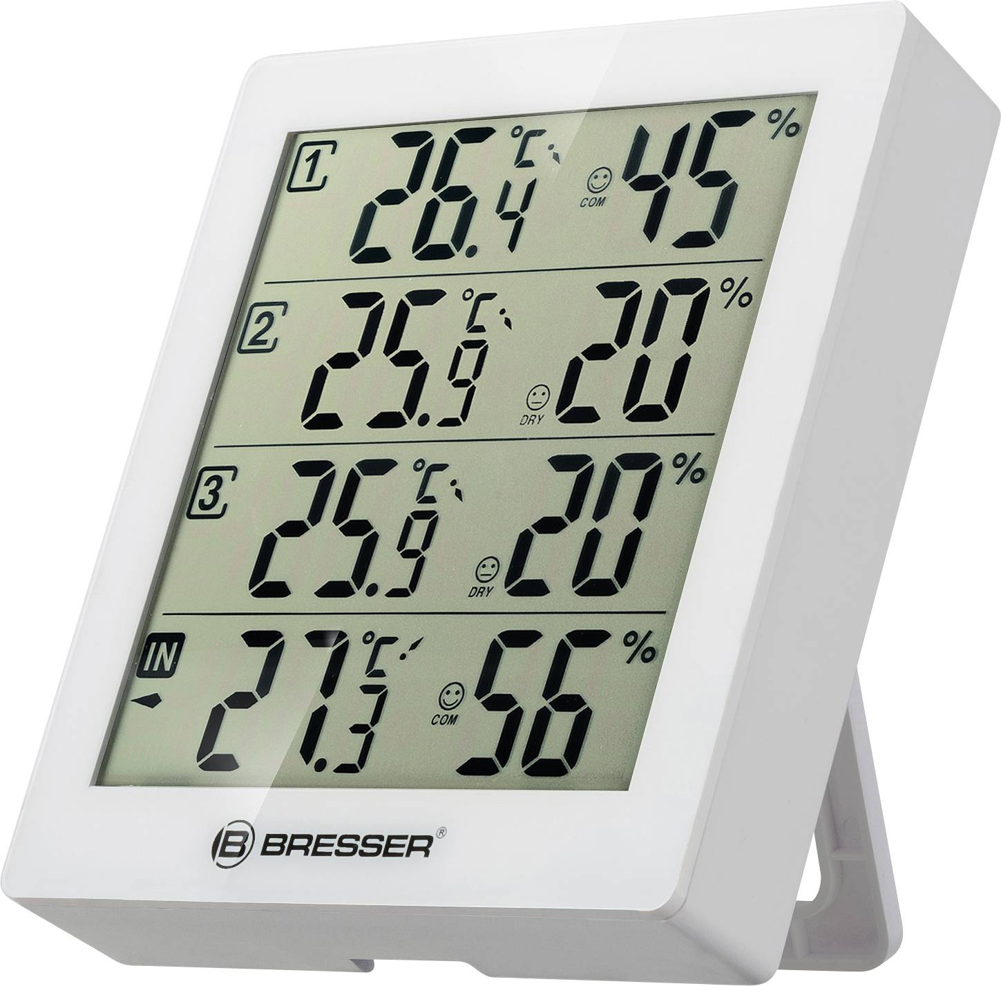 Digitale thermometer toont vier temperatuur- en luchtvochtigheidsmetingen. Buitentemperatuur: 26,4°C bij 45%, Binnen 27,3°C bij 56%.