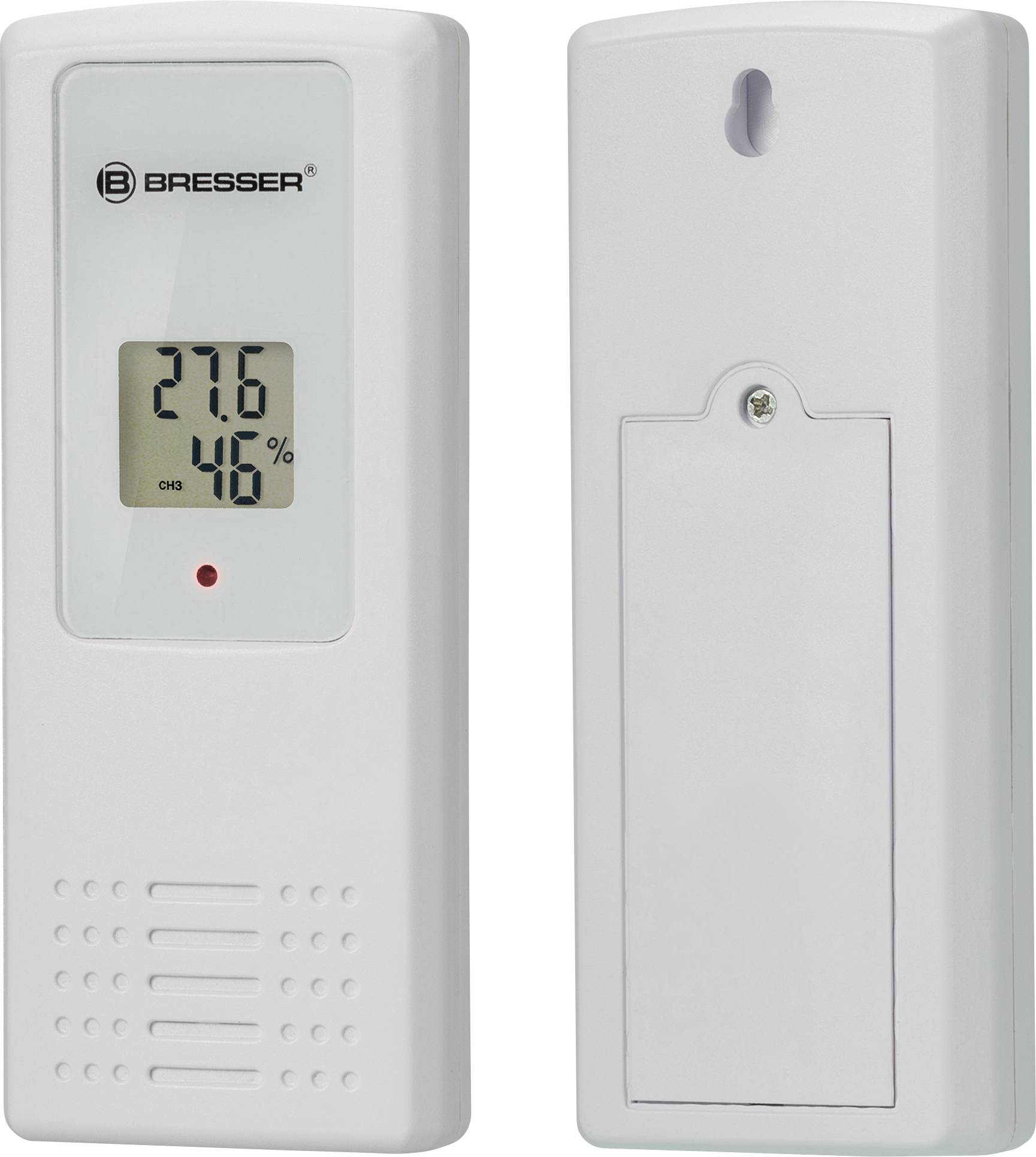 Een thermo-hygrometer toont een temperatuur van 27,6°C en een luchtvochtigheid van 46%. Voor- en achterkant van het apparaat weergegeven.