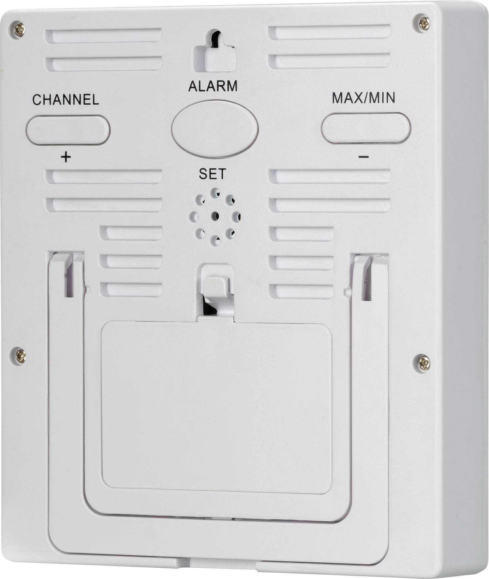 Achterkant van een elektronisch apparaat met knoppen voor kanaal, alarm en Max/Min. Een klep voor batterijen en bevestigingssleuven zijn zichtbaar.