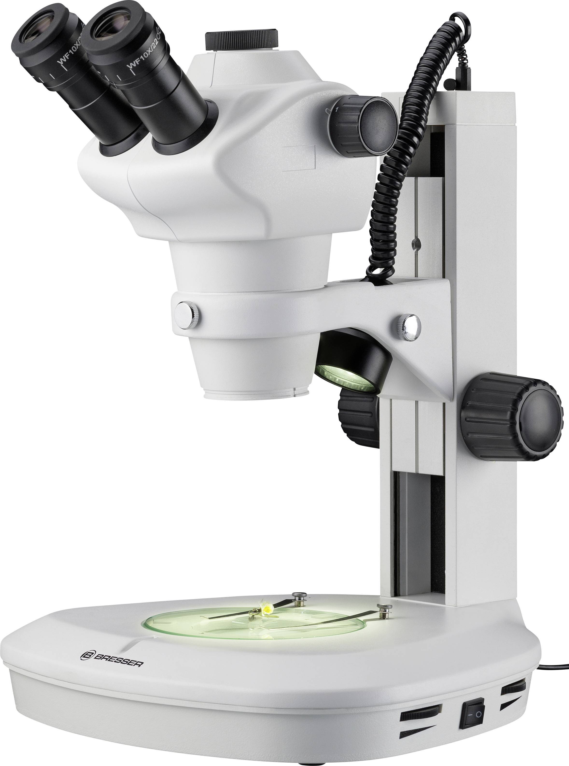 Microscoop met twee oculairs op een stabief standaard. Geschikt voor wetenschappelijk onderzoek en precisiewerk.