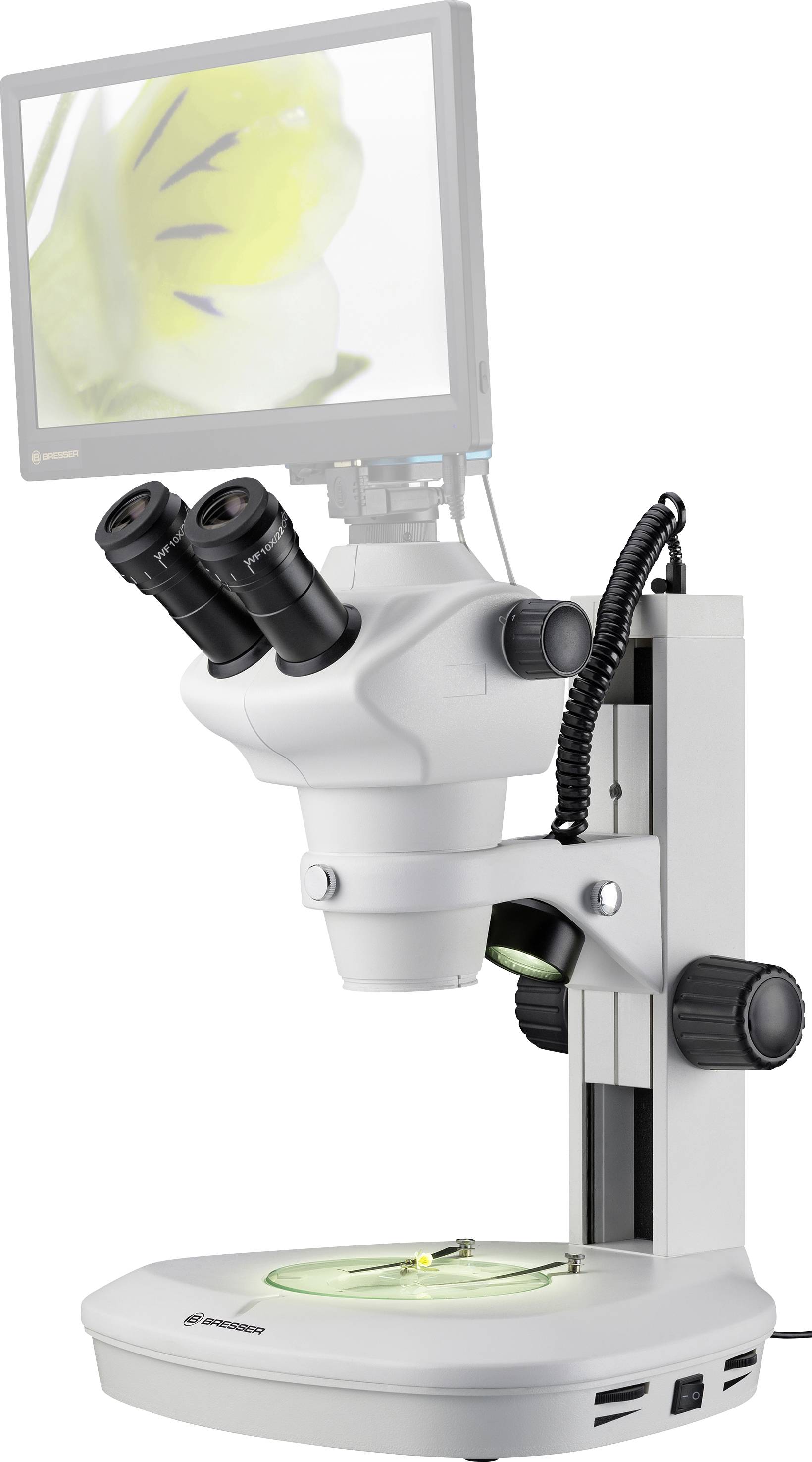 Microscoop met scherm toont vergroot beeld van een bloem. Voornamelijk gebruikt voor gedetailleerde wetenschappelijke onderzoeken.