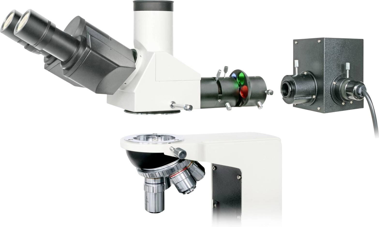 Een modern microscoop met meerdere lenzen en een digitaal camerasysteem, geschikt voor wetenschappelijke en medische toepassingen.