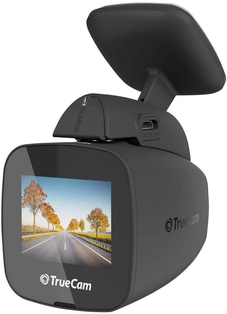 Autocamera met scherm toont een landweg met herfstige bomen.