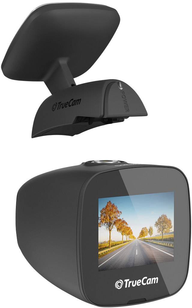 Compacte autocamera 'TrueCam' met een klein scherm, toont een opgenomen snelwegscène. Ideaal voor het vastleggen van ritten.