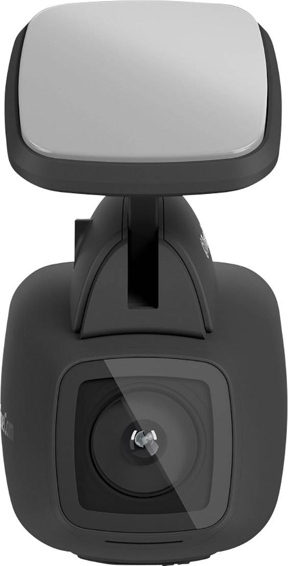 Compacte, zwarte voertuigcamera met een bevestiging die aan de achteruitkijkspiegel wordt gemonteerd.