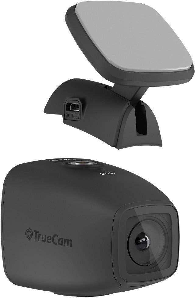 Een zwarte dashcam van TrueCam met compacte afmetingen. Bovenaan bevindt zich de camera, onderaan de bevestigingssteun met USB-aansluiting.