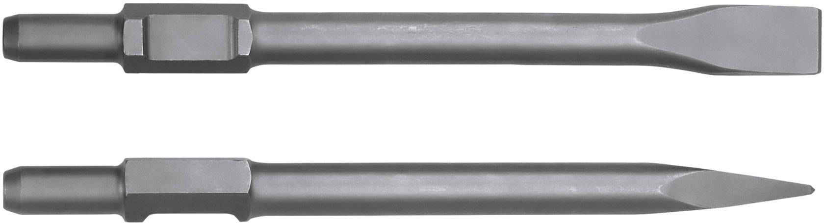 Twee metalen beitelkoppen, één plat en de andere puntig. Ze zijn parallel gerangschikt en geschikt voor sloopwerkzaamheden.