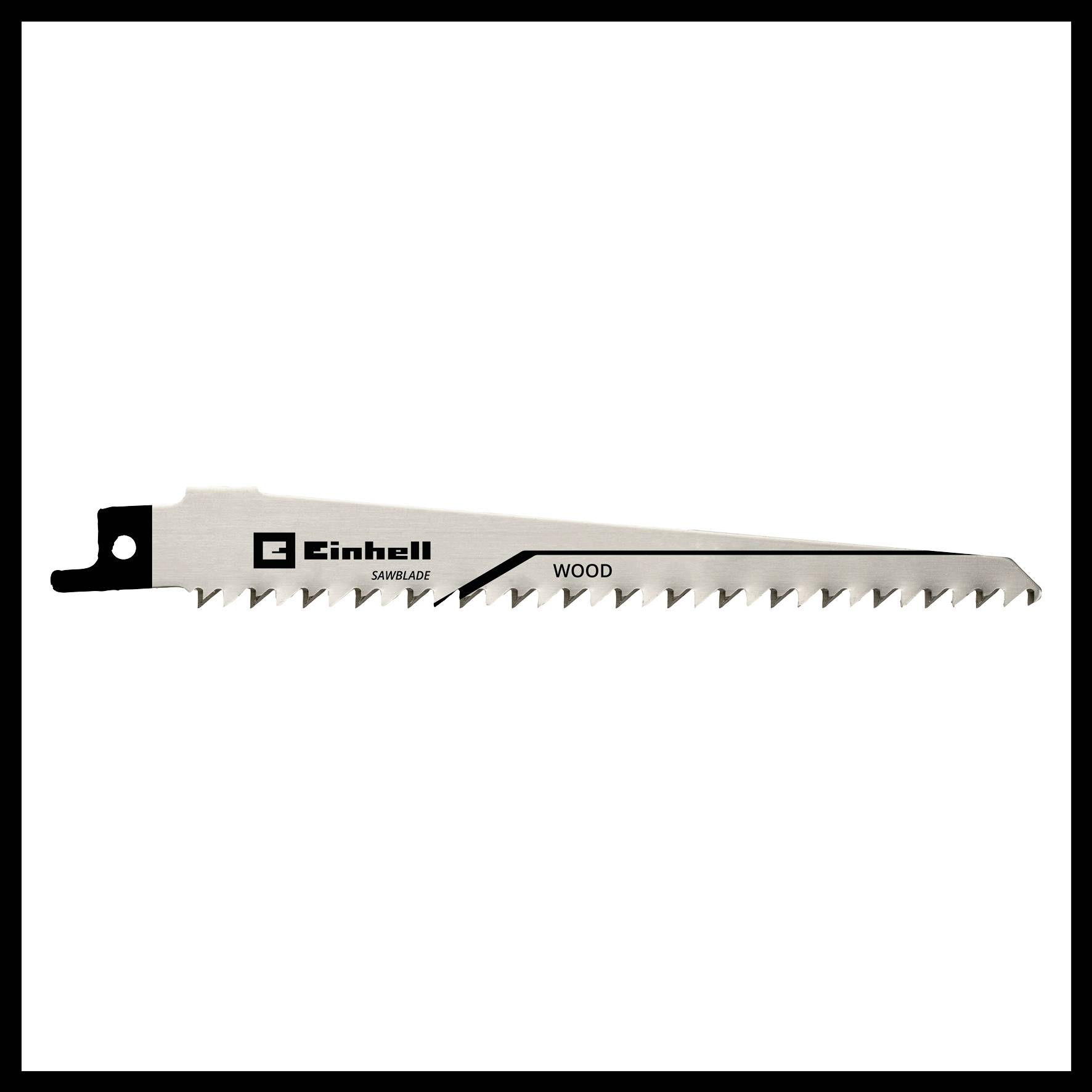 Een zaagblad van het merk Einhell, speciaal voor hout. Het is plat, scherp getand en heeft een klein gat aan de linkerkant.