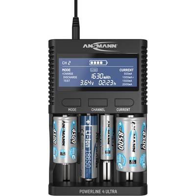 Een batterijlader laadt vier batterijen. Op het display staat: 'CH 2', 'Li-Ion', '1630mAh', '3,64V', en laadtijden.