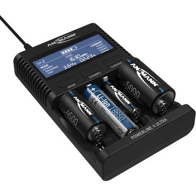 Acculader met vier geplaatste accu's van verschillende formaten. Het display toont laadstatus, spanning en resterende laadtijd per kanaal.