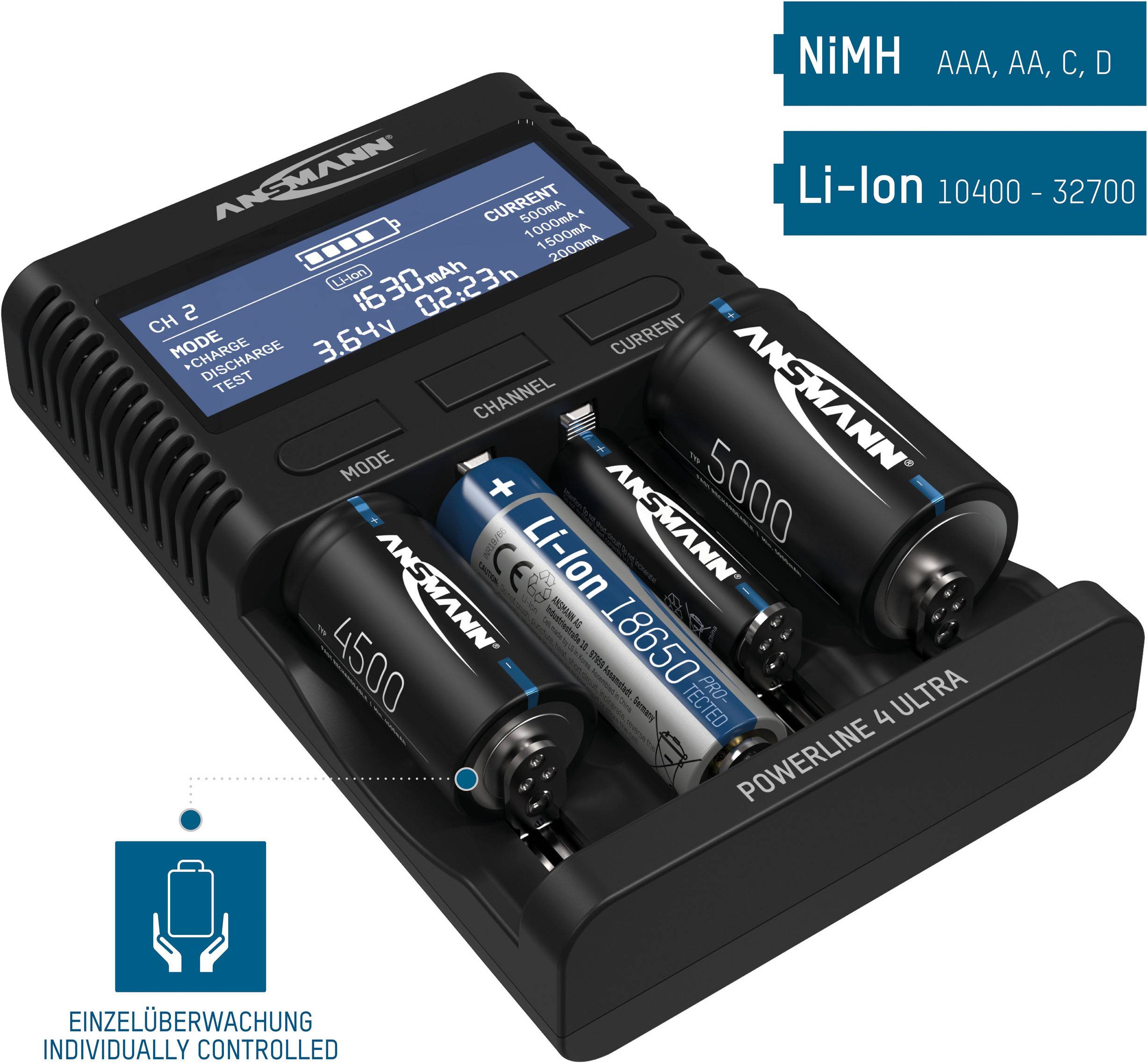 Batterijlader met display, laadt gedeeltelijk opgeladen batterijen. Laadstatus, spanning en laadduur worden weergegeven. Geschikt voor vier batterijen.
