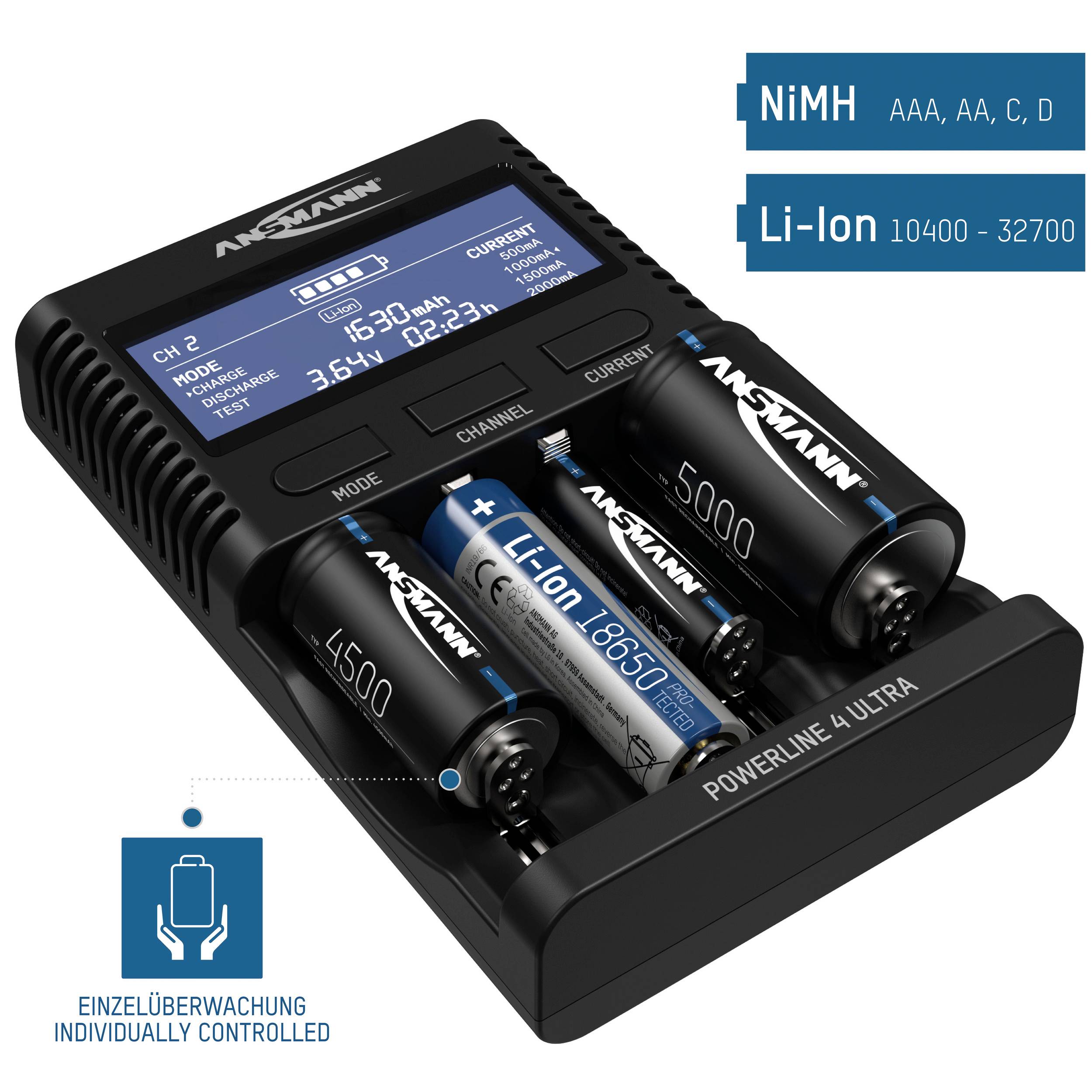 'Powerline 4 Ultra' oplader voor NiMH en Li-Ion-accu's. LCD-display toont laadspanning, capaciteit en tijd. Individuele bewaking van elke accu.