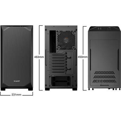 De afbeelding toont drie aanzichten van een zwarte computerbehuizing: voorkant, achterkant en zijkant. Afmetingen: 231mm breedte, 463mm hoogte, 450mm diepte.